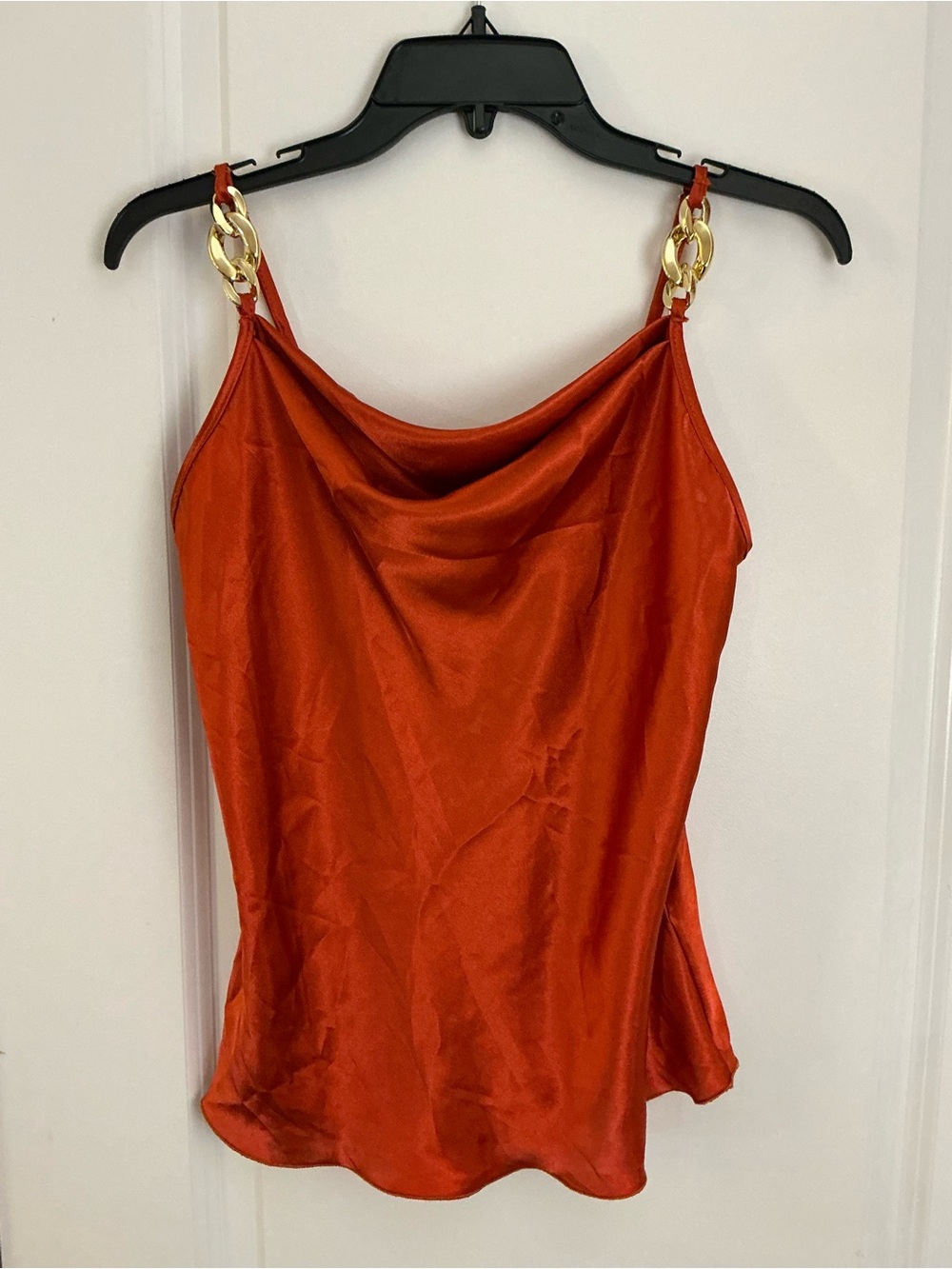 Nicole Miller NY Burnt Orange Satin Cowl Neck Cami Top Gold Chain Straps Size S